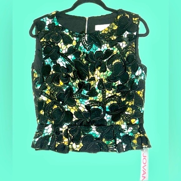 NWT Jovani Black, Green, & Yellow Lace Peplum Top, Built-In Bra, Back Zipper, 12 - Picture 4 of 16